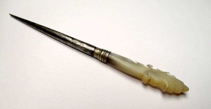 Antique / vintage sewing awl / punch - hand carved mother of pearl