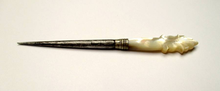 Antique / vintage sewing awl / punch - hand carved mother of pearl