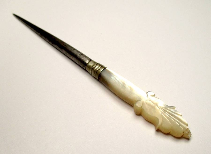 Antique / vintage sewing awl / punch - hand carved mother of pearl