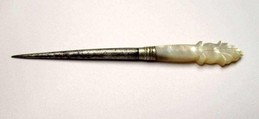 Antique / vintage sewing awl / punch - hand carved mother of pearl