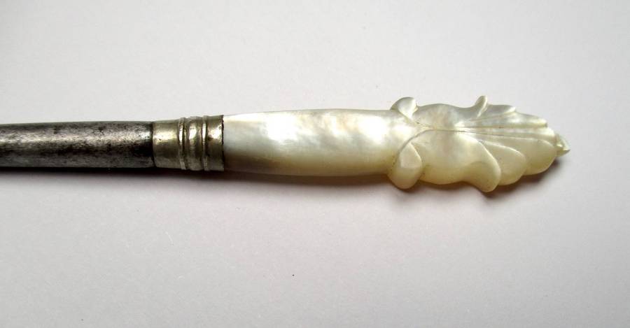 Antique / vintage sewing awl / punch - hand carved mother of pearl