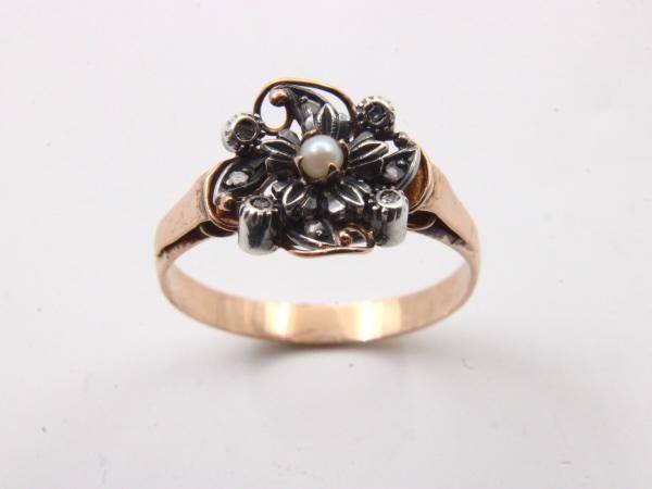 ANTIQUE 18K GOLD, DIAMOND & PEARL RING