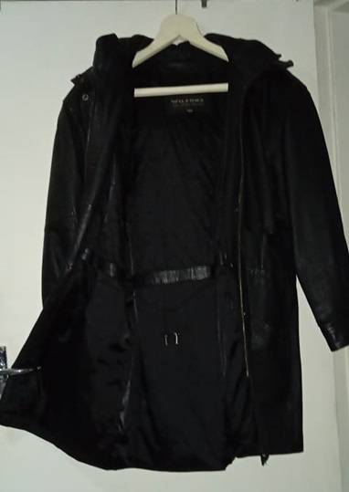 Wilsons Leather Black Hooded Mid-Length Jacket with Faux Fur Trim Hood