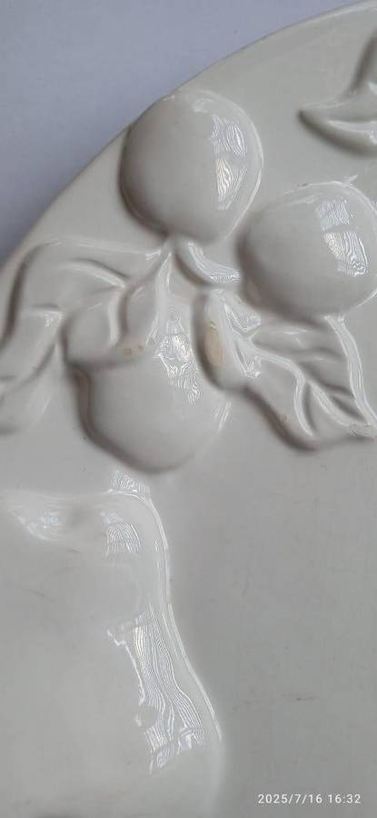 Vintage Ceramic Plate in White Glaze with Fruit Relief