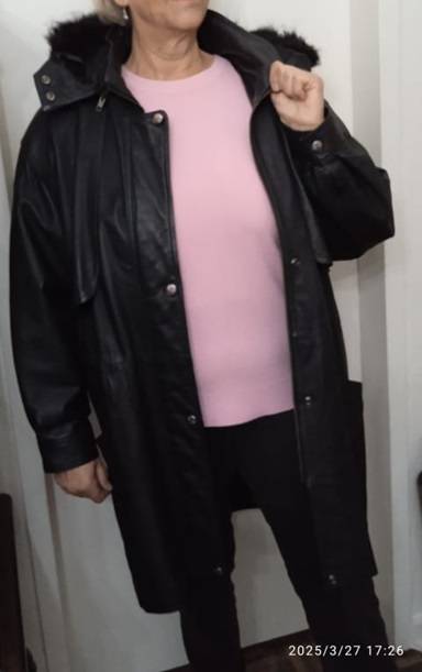 Wilsons Leather Black Hooded Mid-Length Jacket with Faux Fur Trim Hood