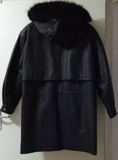 Wilsons Leather Black Hooded Mid-Length Jacket with Faux Fur Trim Hood