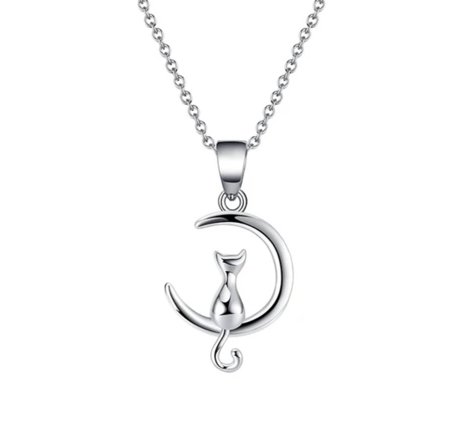 925 Silver Cat and Moon Necklace