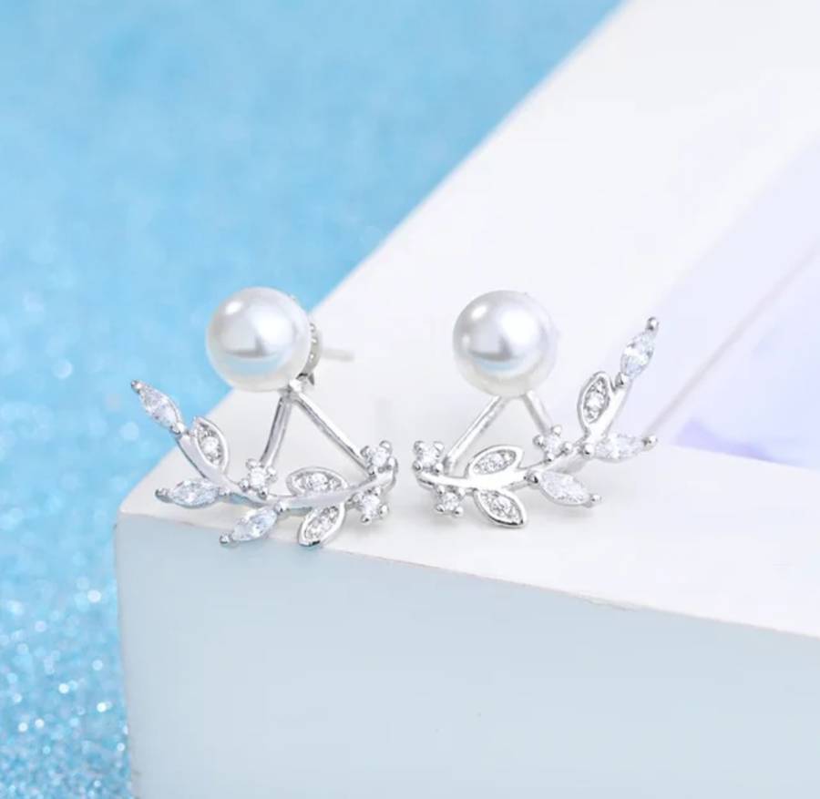925 Silver Crystal Leaf Pearl Earrings