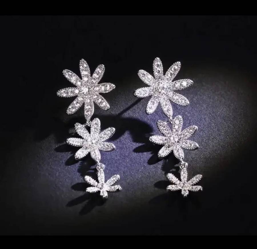 925 Silver Long CZ Flower Earrings