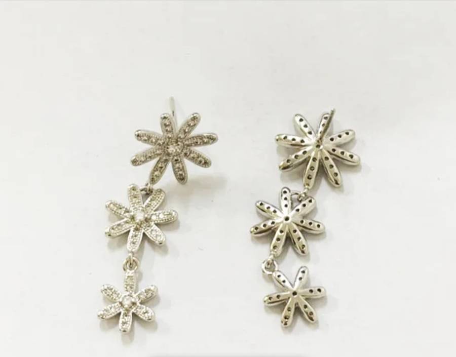 925 Silver Long CZ Flower Earrings