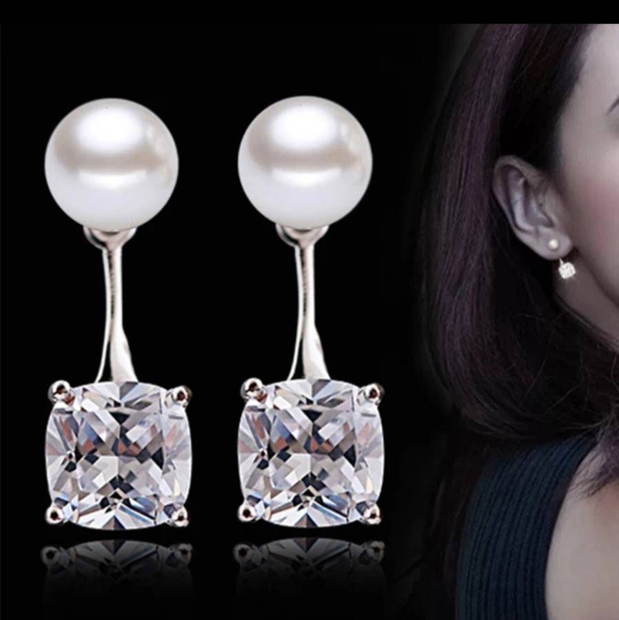 925 Silver Square CZ And Pearl Earrings
