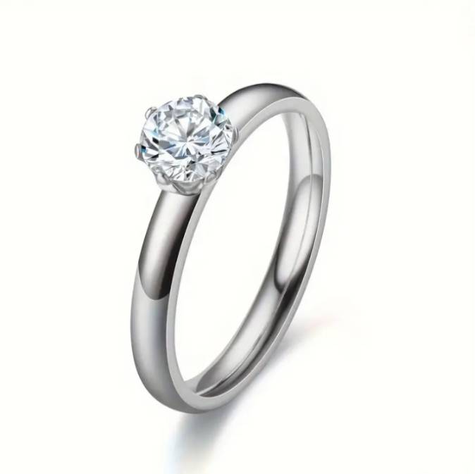 Stainless Steel Solitaire Engagement Promise Ring | Size 8