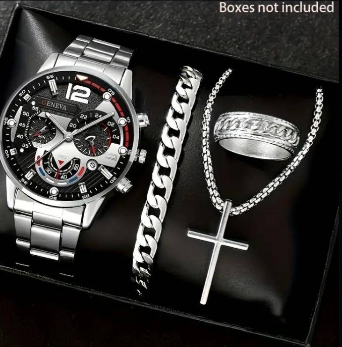 Mens Quartz Watch Set | 4 Piece Jewellery Set for Men