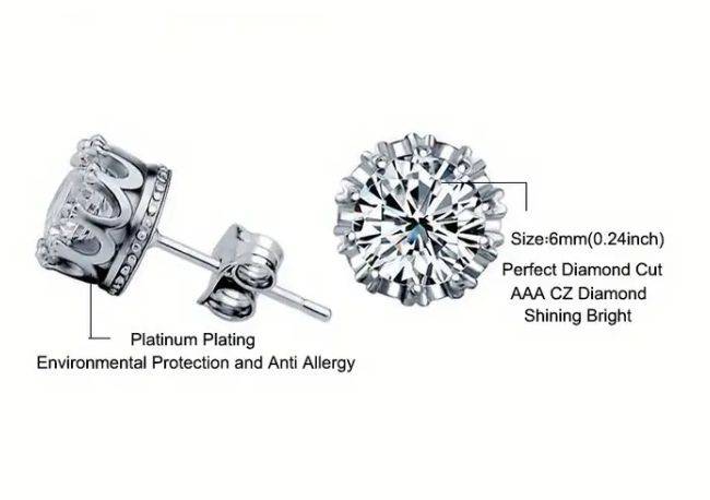 6 mm Crown Stud Earrings | Platinum Plated