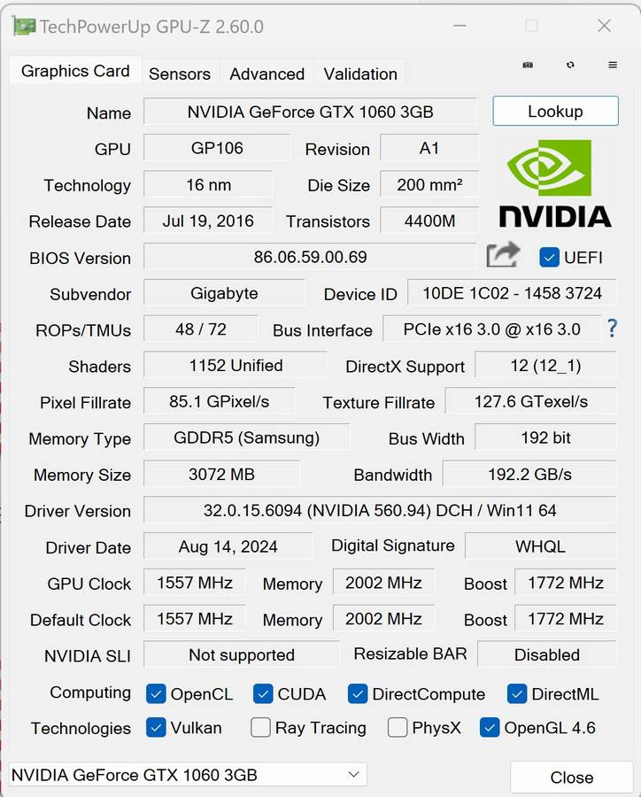 GIGABYTE GTX 1060 WindForce 2X OC 3Gb