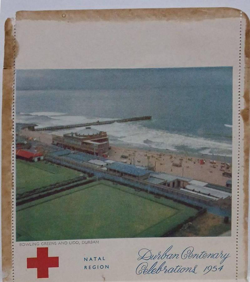 Durban centenary souvenirs 1954 red cross letter card with image of Durban