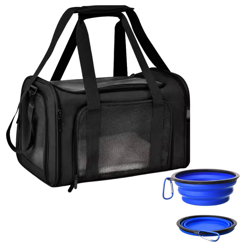 Pet Ventilated Collapsible Portable Mesh Travel Carrier Including Collapsible Silicone Pet Bowl and