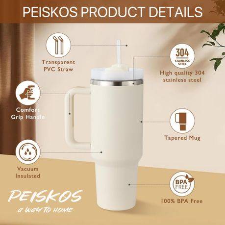 Premium PEISKOS  Tumbler with Handle Straw Stainless Steel Vacuum Mug