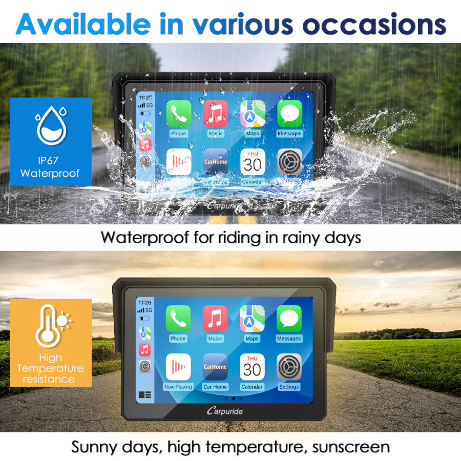 Carpuride W502 Motorcycle GPS Wireless Portable Carplay/Android Auto Waterproof Car Stereo, 5" IPS T