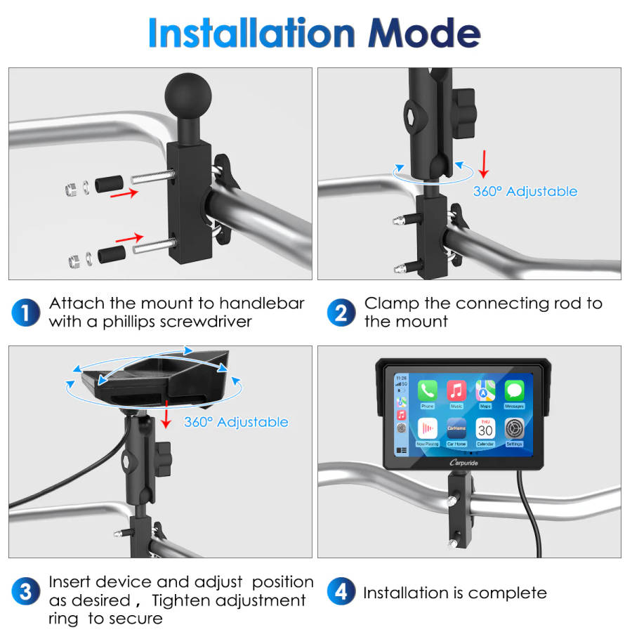 Carpuride W502 Motorcycle GPS Wireless Portable Carplay/Android Auto Waterproof Car Stereo, 5" IPS T