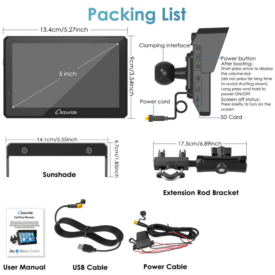 Carpuride W502 Motorcycle GPS Wireless Portable Carplay/Android Auto Waterproof Car Stereo, 5" IPS T