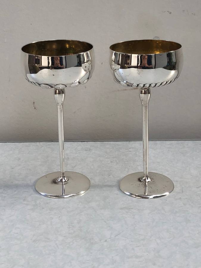 Stunning pair of vintage silver plated gilt inner long stem wine glasses by M. Pagliari of Cape Town