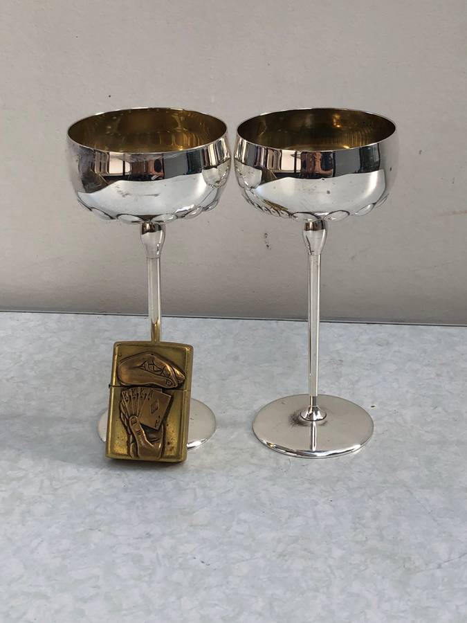 Stunning pair of vintage silver plated gilt inner long stem wine glasses by M. Pagliari of Cape Town