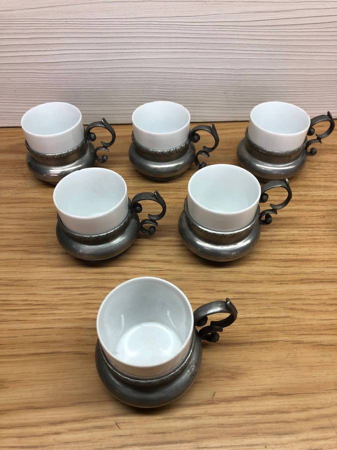 H & C Heinrich & Selb Porcelain Bavaria - Set of six demitasse cups in Pewter cup holders c1930
