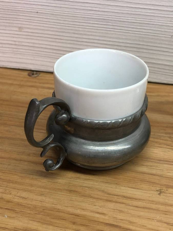 H & C Heinrich & Selb Porcelain Bavaria - Set of six demitasse cups in Pewter cup holders c1930