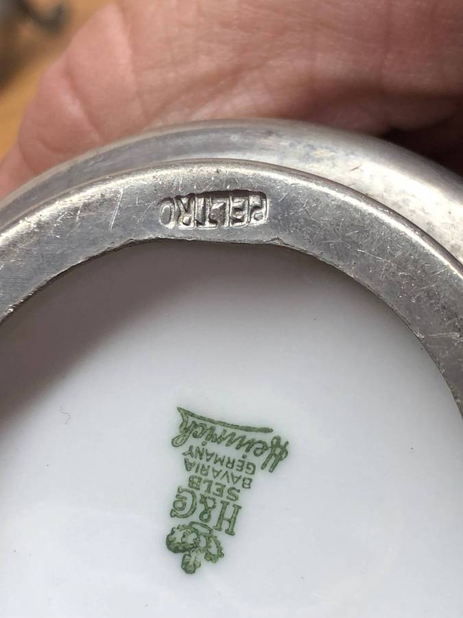 H & C Heinrich & Selb Porcelain Bavaria - Set of six demitasse cups in Pewter cup holders c1930