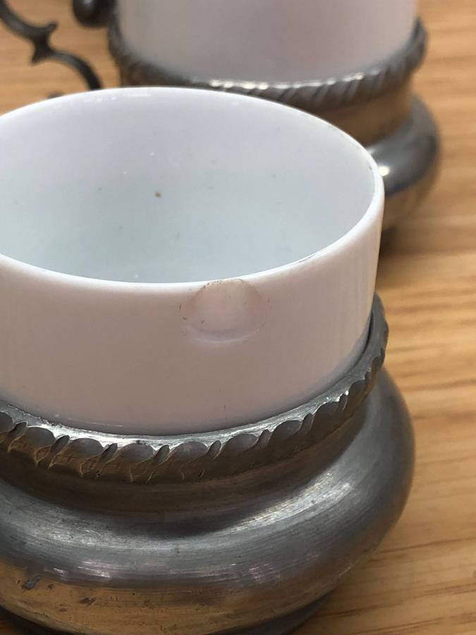 H & C Heinrich & Selb Porcelain Bavaria - Set of six demitasse cups in Pewter cup holders c1930