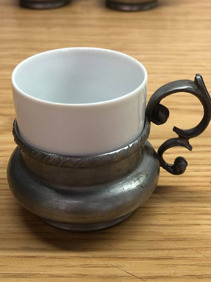 H & C Heinrich & Selb Porcelain Bavaria - Set of six demitasse cups in Pewter cup holders c1930