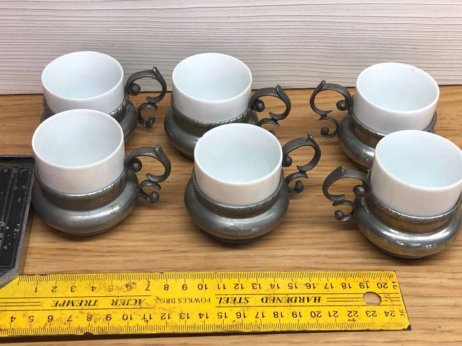 H & C Heinrich & Selb Porcelain Bavaria - Set of six demitasse cups in Pewter cup holders c1930