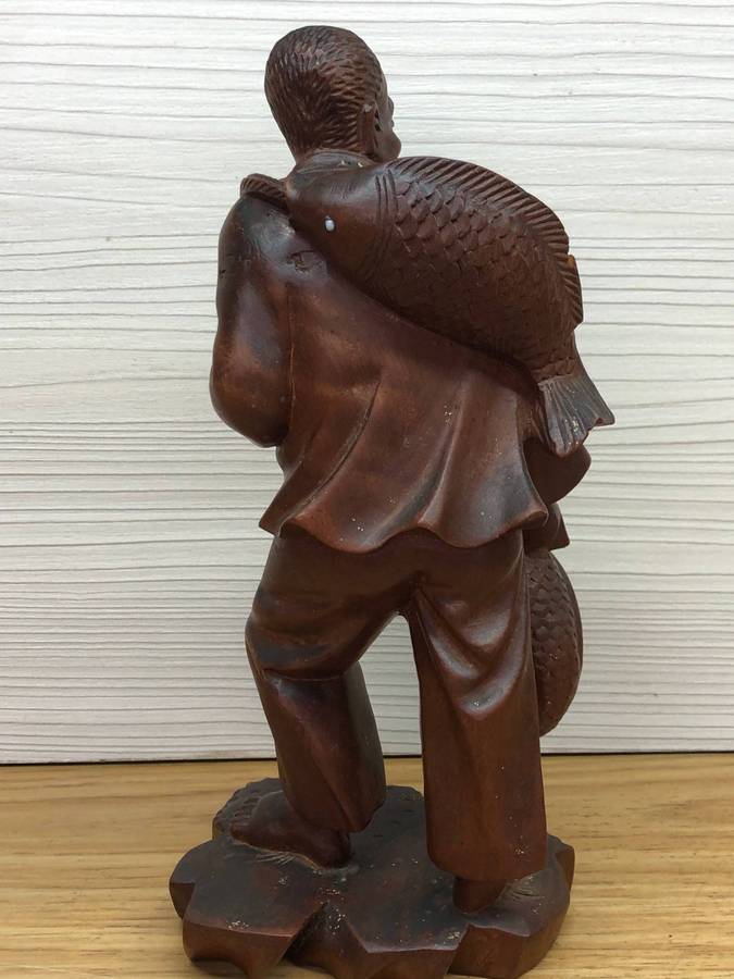 Antique carved Chinese rosewood figure of a fisherman - c19th C