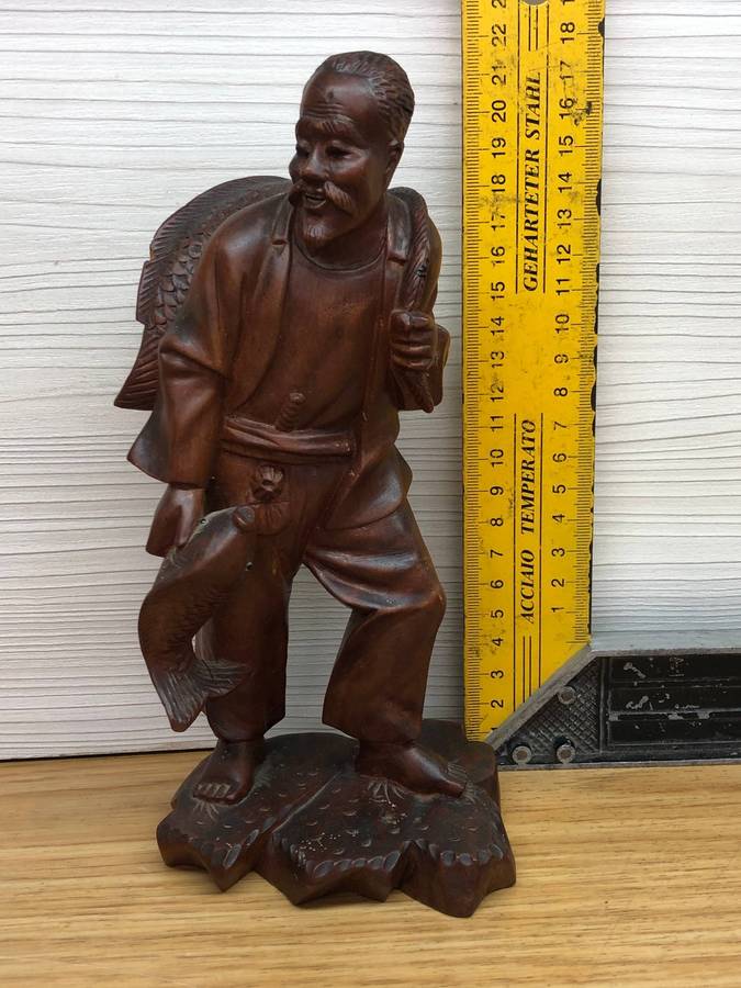 Antique carved Chinese rosewood figure of a fisherman - c19th C