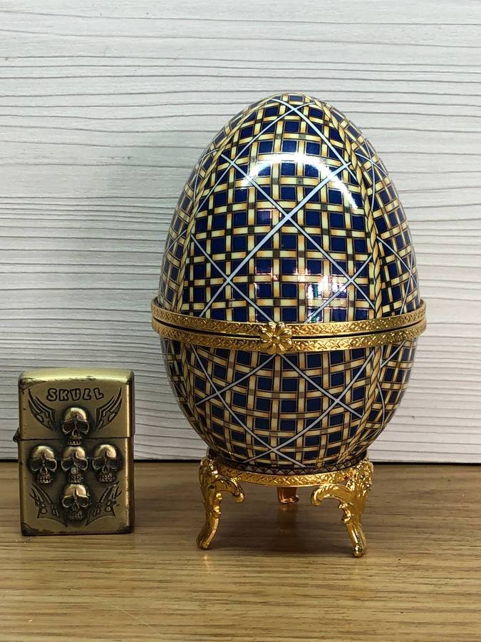 Large Italian decorative porcelain opening egg on brass metal tripod feet - hand painted accents
