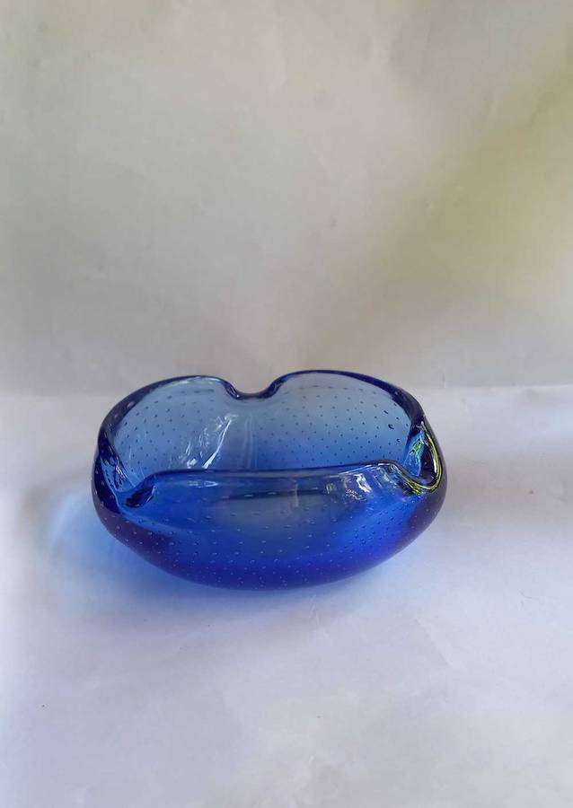 Vintage blue bubble glass ashtray bowl