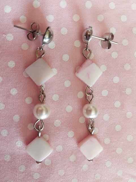 Earrings, Pink Shell Beads And Glass Pearls, Nickel Findings And Ear Studs, 49mm, 2pc