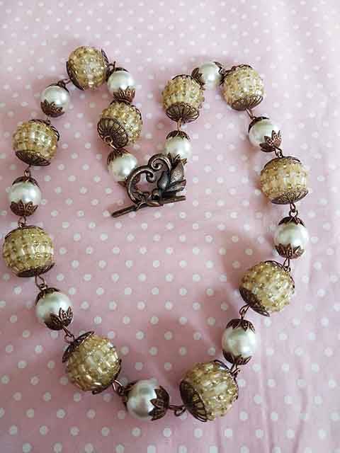 Necklace, Light Yellow Glass Pearls+Yellow Seedbead Cover Beads, Copper Findings, Toggle Clasp, 46cm