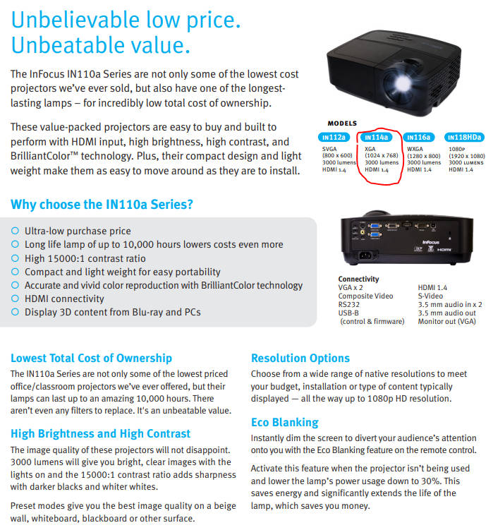 InFocus IN114a XGA Conference Room DLP Projector (NEW)