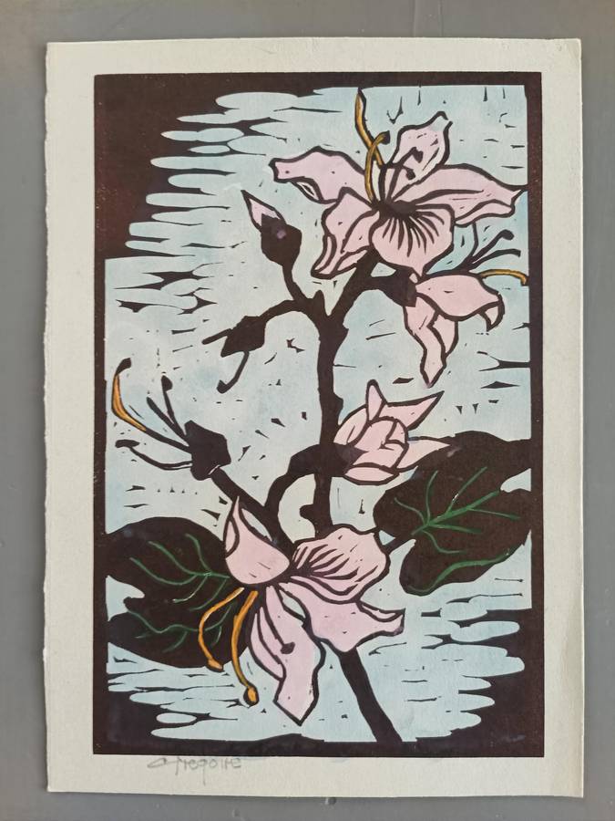 GREGOIR BOONZAIER SIGNED COLOUR LINOCUT HIBISCUS - 220 X 150 IMAGE SIZE