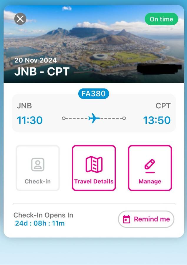 2x Return Flight Tickets from Johannesburg to Capetown 20 Nov 2024 -  23 Nov 2024