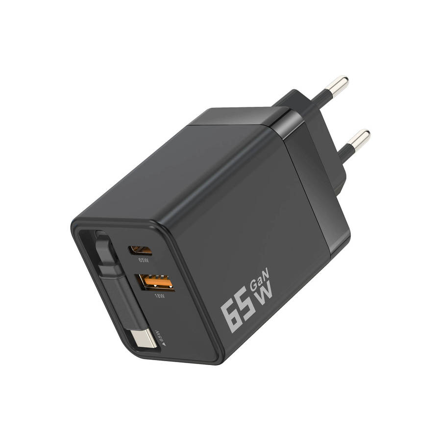 65W GaN USB Wall Charger, Dual Port Travel Adapter with Built-in Cable, Black