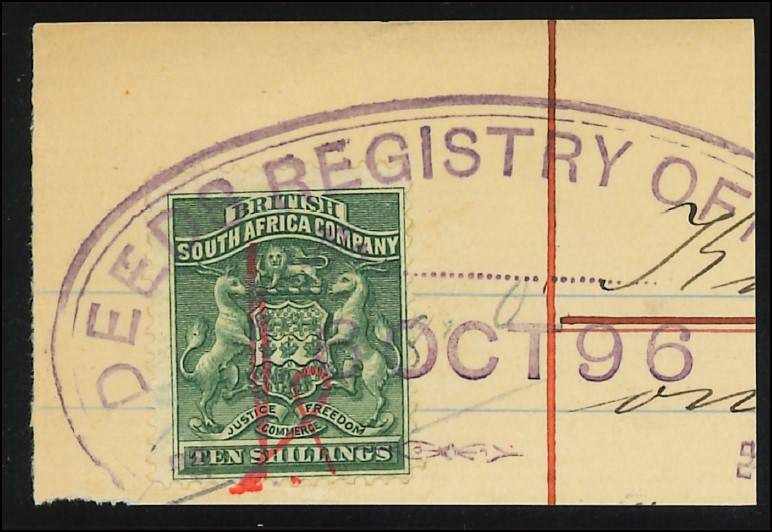 BSAC 1892 Ten Shillings (SACC 9) Fiscally Used on Piece: CV for normally used - R 3000