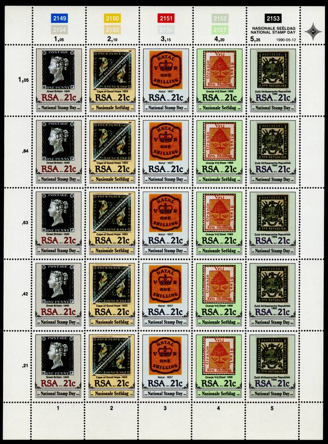 RSA 1990: National Stamp Day Fresh Full Sheet UMM: SACC 722-726
