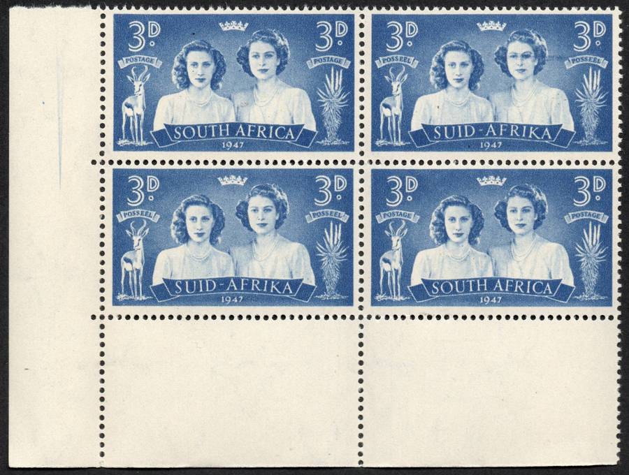 Union of SA 1947: Royal Visit: UMM Blocks - Full Set with "Black-Eye" Flaw on 3d: SACC 110-112+ 112a