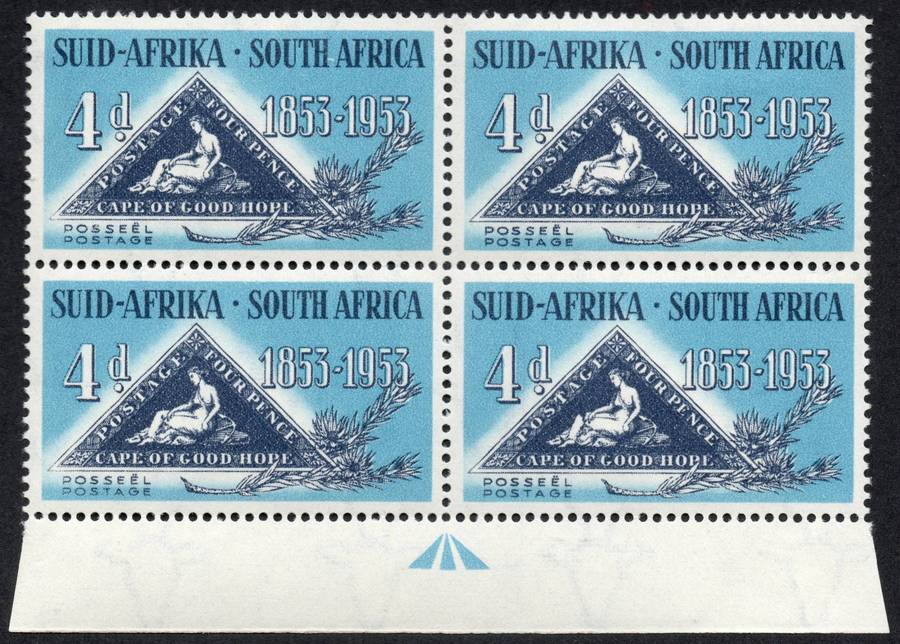 Union of SA 1953: Centenary of Cape Triangle UMM Block with Rare "Broken Knee" Variety: SACC 144a