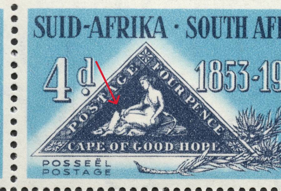 Union of SA 1953: Centenary of Cape Triangle UMM Block with Rare "Broken Knee" Variety: SACC 144a
