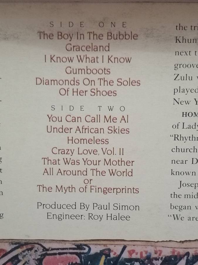 PAUL SIMON (GRACELAND) - VINYL VERY GOOD COND. - SEE BELOW FOR INFO.