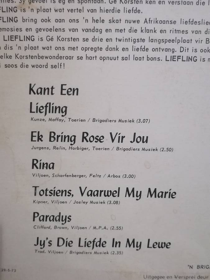 Ge Korsten, Liefling, Vinyl in very good condition .